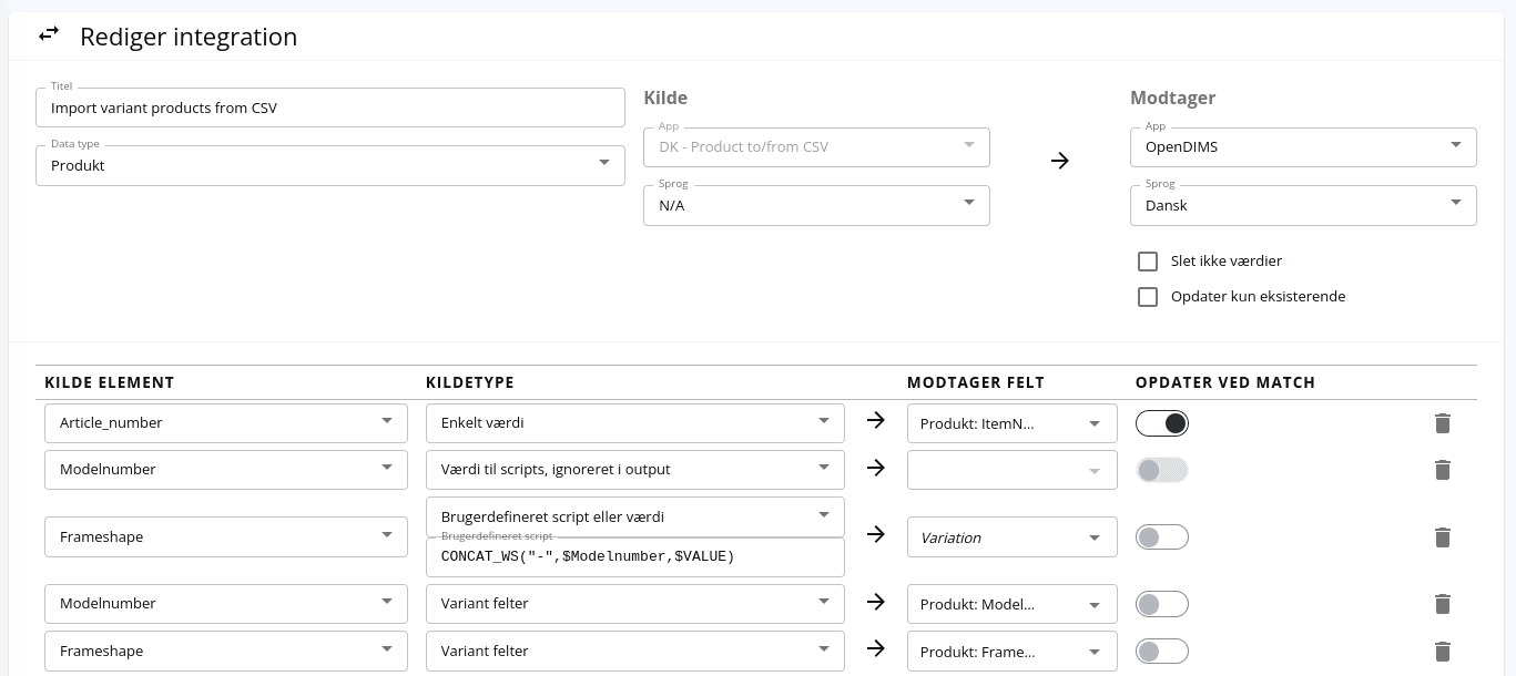 Variant og hoveprodukt oprettelse fra CSV med kun variant data