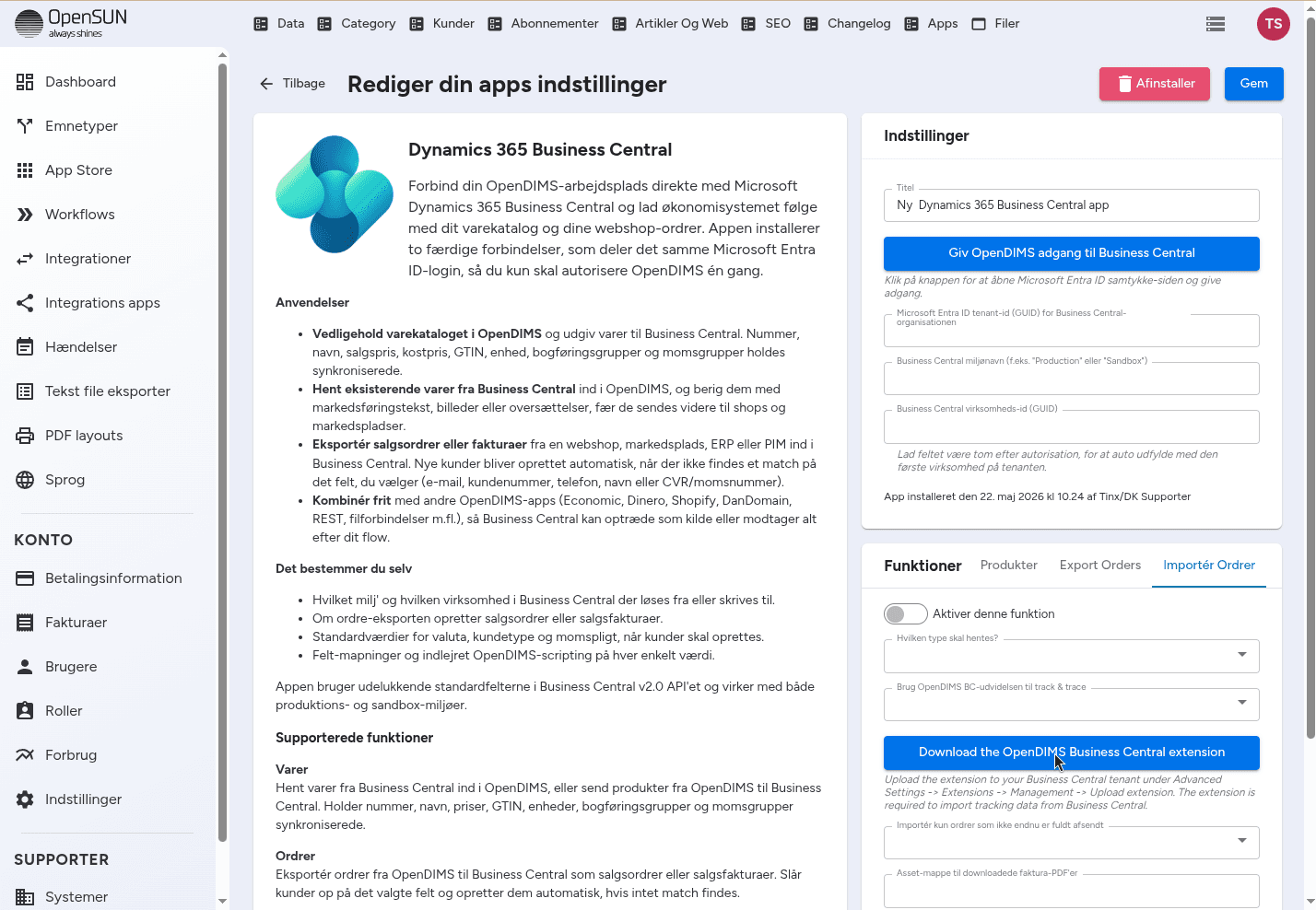 Dynamics 365 Business Central skærmbillede