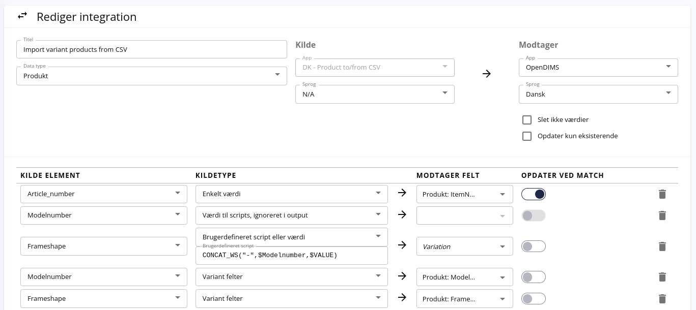 Variant og hoveprodukt oprettelse fra CSV med kun variant data